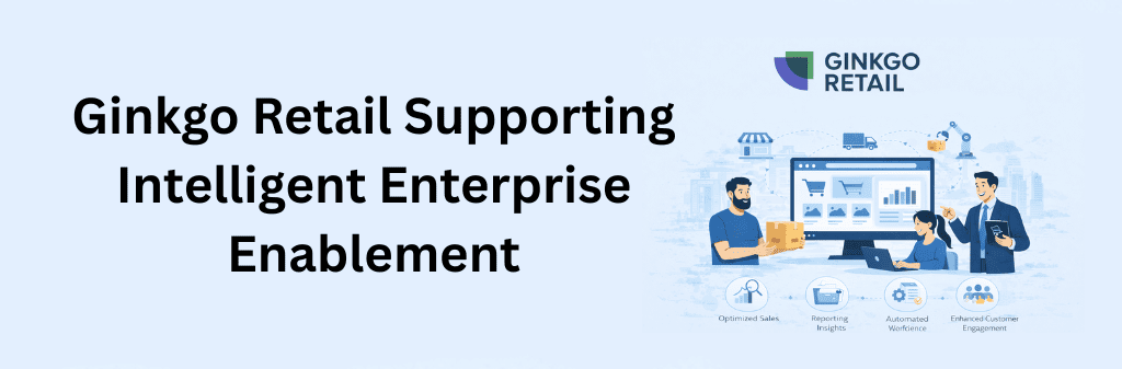 Ginkgo Retail platform illustration supporting intelligent enterprise enablement with optimized sales, automation, reporting insights, and customer engagement