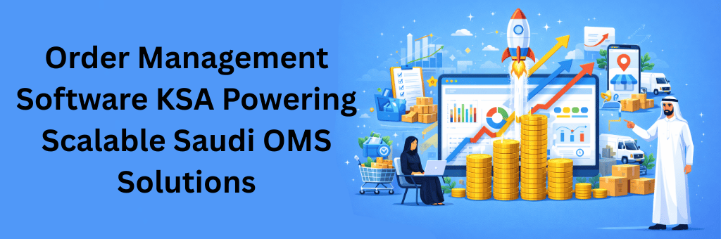 Graphic depicting scalable business solutions in Saudi Arabia with growth charts, stacked coins, logistics trucks, omnichannel selling icons, and Saudi professionals symbolizing business scalability on a blue background
