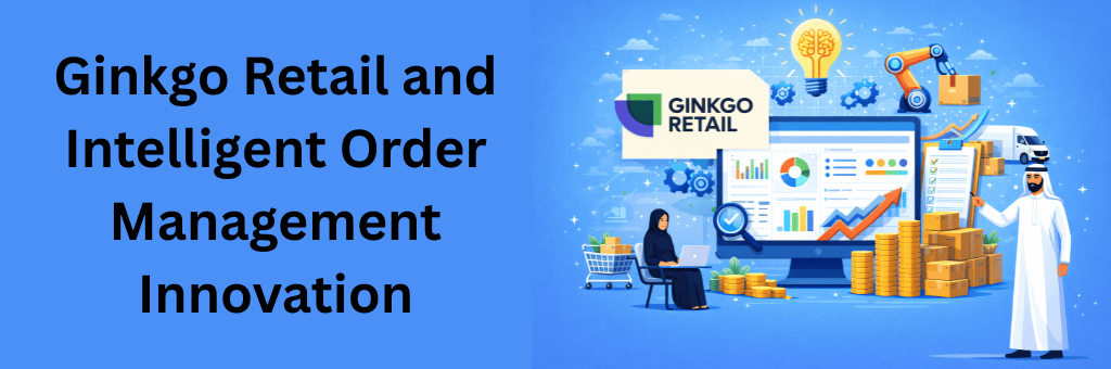Ginkgo Retail branded illustration featuring the official Ginkgo Retail logo integrated into an intelligent business automation visual, highlighting analytics dashboards, automation, logistics, business growth, and Saudi professionals on a blue background