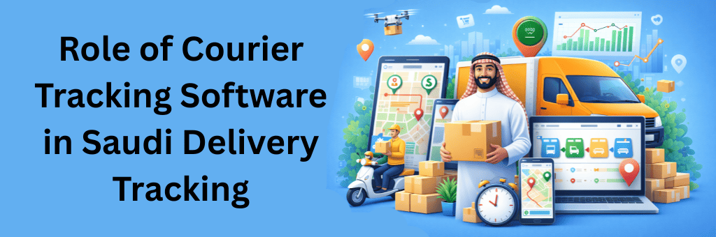 Digital illustration of city-based courier deliveries in Saudi Arabia with real-time tracking maps, urban landmarks, delivery vehicles, and location pins