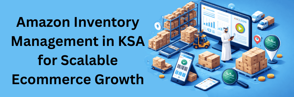Isometric illustration of Amazon inventory management in Saudi Arabia showing warehouse stock tracking, dashboards, and fulfillment operations on a single blue background