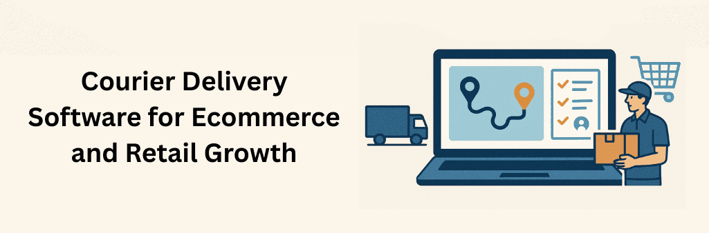 A flat-style infographic showing courier delivery software for ecommerce and retail growth, featuring a laptop with a route map and checklist, a delivery truck, a courier holding a package, and a shopping cart icon