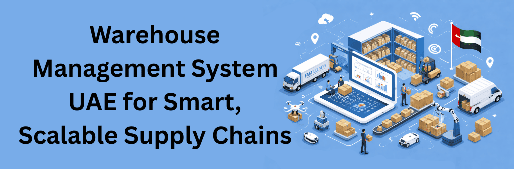 Isometric illustration of a smart warehouse in the UAE showing automated storage, forklifts, delivery trucks, robotics, and digital warehouse management systems on a single blue background