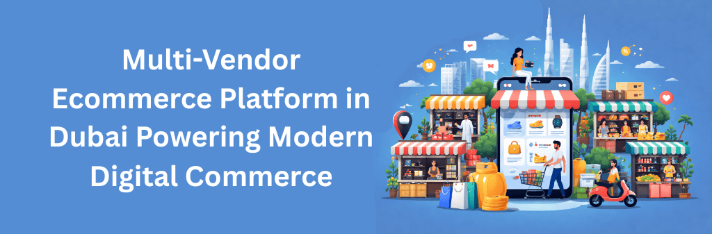 A colorful digital illustration of a multi-vendor ecommerce platform in Dubai showing multiple online stores, a central mobile marketplace, and Dubai skyline supporting modern digital commerce