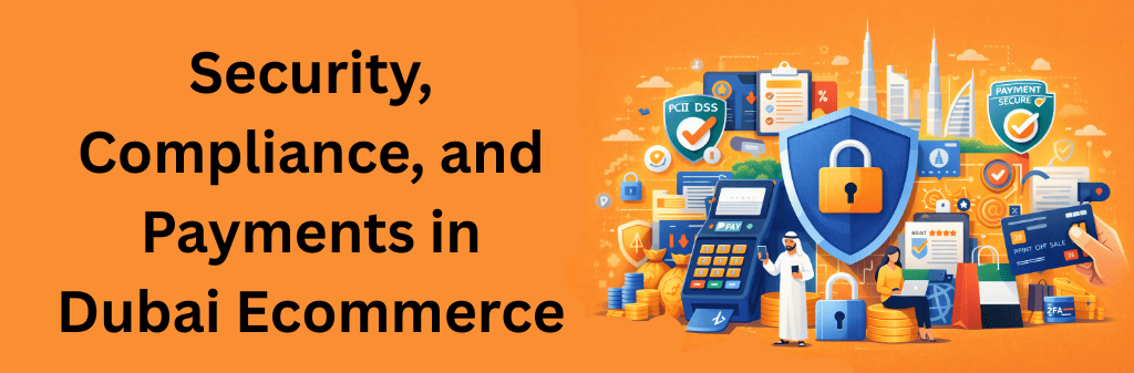 A secure Dubai ecommerce illustration featuring digital payment systems, compliance shields, PCI DSS icons, online transactions, and cybersecurity protecting ecommerce platforms