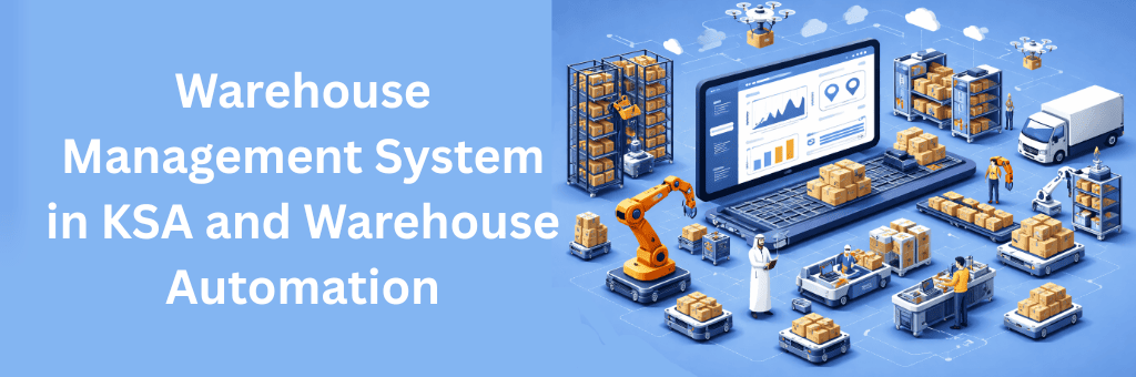 Modern illustration of a warehouse management system connected with cloud ERP platforms, featuring cloud integration icons, ERP dashboard, automated warehouse racks, forklifts, and a delivery vehicle