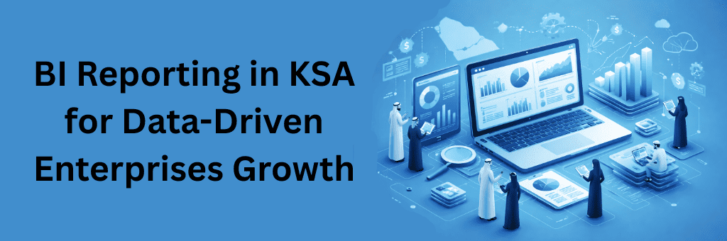 Isometric illustration of BI reporting in Saudi Arabia showing business dashboards, analytics charts, and professionals analyzing enterprise growth data on digital screens