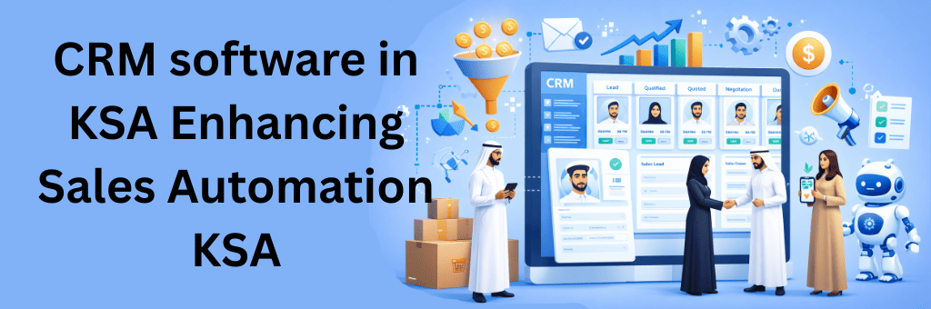 Modern CRM dashboard showing sales pipeline, automation funnel, growth graphs, and Saudi business team collaborating on sales automation in KSA against a solid blue background