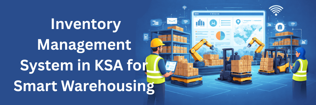 Digital illustration of a smart warehouse in KSA with robotic arms, forklifts, stacked cartons, and a central inventory dashboard showing stock analytics and real-time tracking