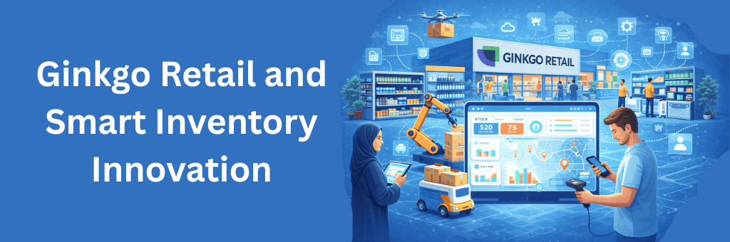 Ginkgo Retail logo integrated into a smart inventory technology illustration with robotic warehouse automation, digital stock dashboard, retail shelves, and unified brand background design