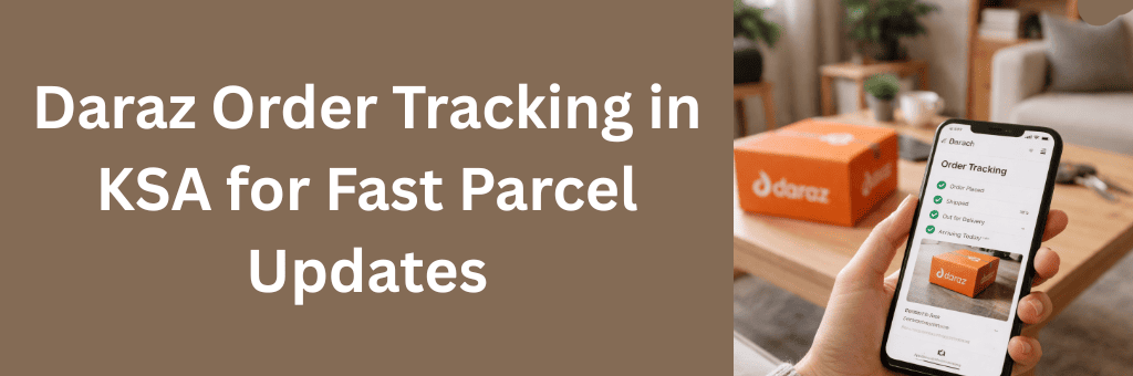 Customer checking Daraz order tracking on smartphone with parcel status updates displayed against a single color background