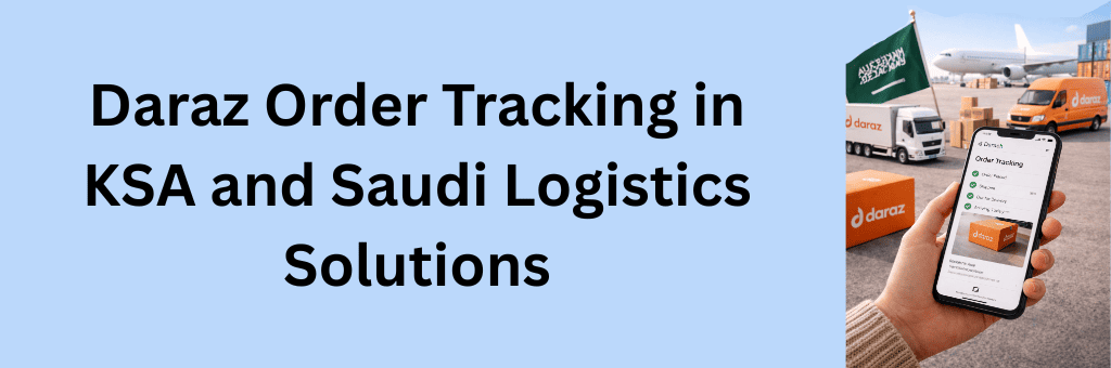 Mobile screen showing Daraz order tracking with Saudi logistics delivery elements on a solid color background