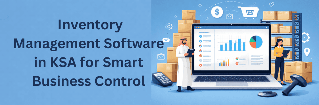 Digital illustration of inventory management software in KSA showing a laptop dashboard with analytics, warehouse shelves, barcode scanner, and professionals managing stock on a blue background