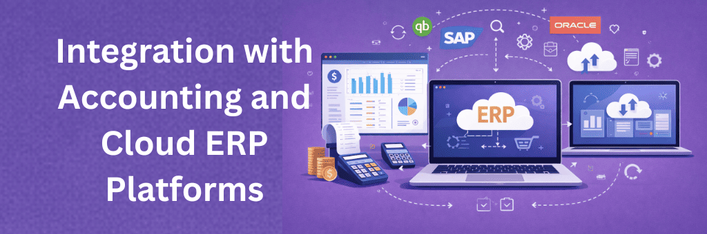 Illustration of accounting software integrated with cloud ERP platforms, featuring financial dashboards, cloud sync arrows, ERP screen, and connected business systems on a purple background