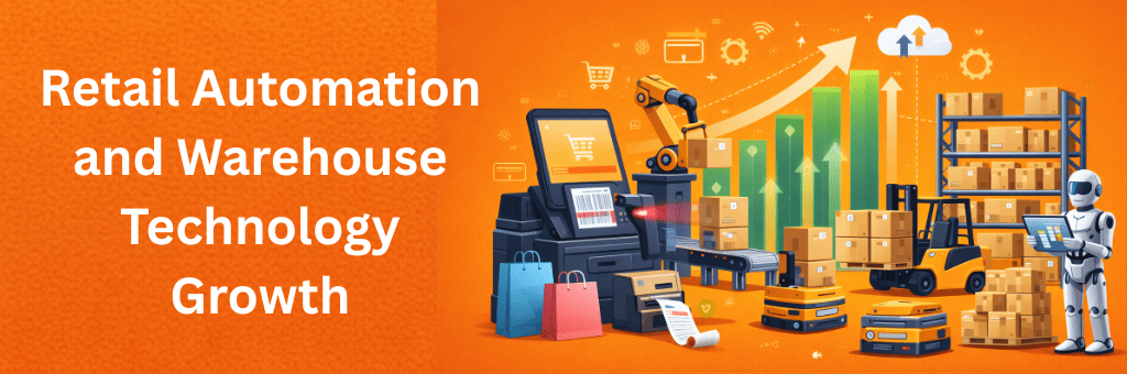 Modern retail automation and warehouse technology scene with robotic arms, POS system, automated vehicles, warehouse racks, and growth charts on an orange background