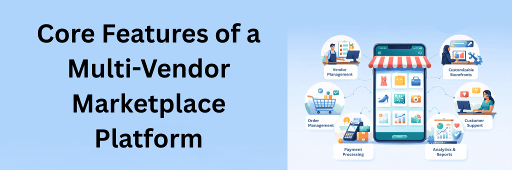 Key features of multi-vendor marketplace platform including vendor management, payment processing, order management, analytics, and customer support