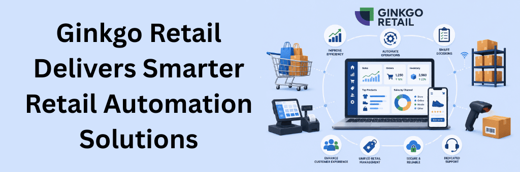 Professional retail automation illustration featuring the Ginkgo Retail logo integrated into a modern smart retail dashboard design with inventory, automation, analytics, and connected retail operations on a clean matching background