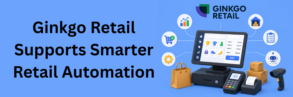 Branded retail automation illustration showing the Ginkgo Retail logo above a POS system connected to inventory management, warehouse operations, retail analytics, AI automation, order tracking, payment processing, barcode scanning, and omnichannel retail management features on a blue background.