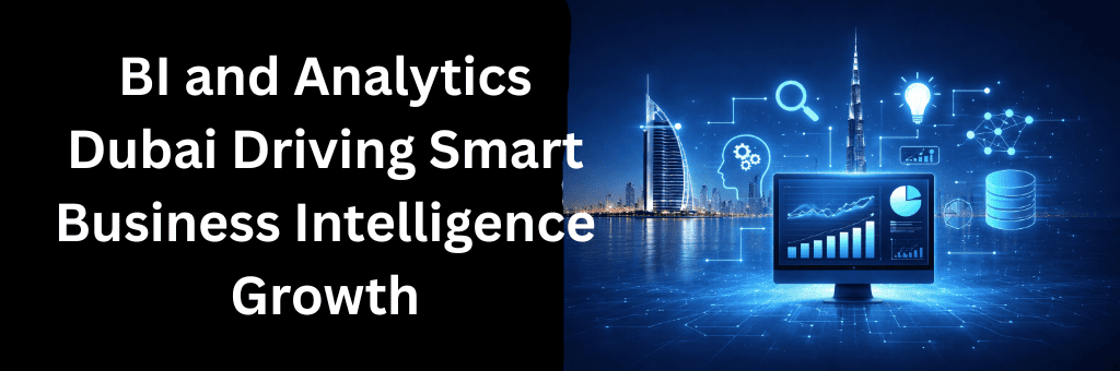 Advanced business intelligence dashboard with Dubai skyline and data analytics visuals showing growth insights.