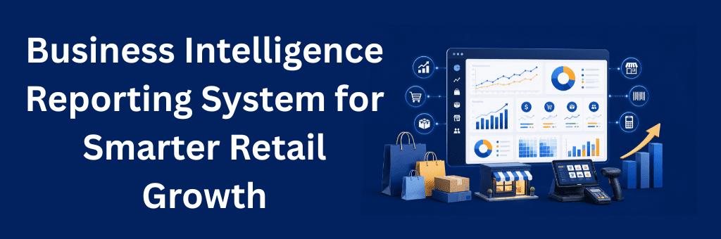 Business intelligence reporting dashboard displaying retail sales, inventory, performance charts, POS equipment, shopping bags, and growth analytics.