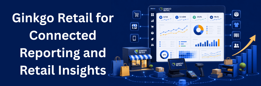 Ginkgo Retail analytics dashboard connecting store operations, inventory, products, POS systems, reporting insights, and retail growth data.