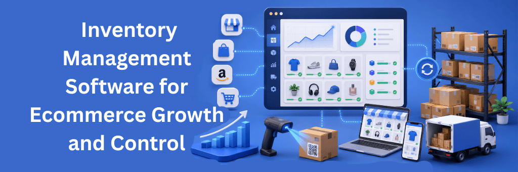 Inventory management software dashboard connecting ecommerce channels, warehouse stock, barcode scanning, analytics, and delivery operations.