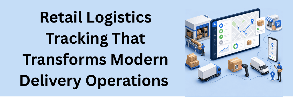 Retail logistics tracking dashboard showing warehouse operations, delivery vehicles, packages, route maps, barcode scanning, and real-time order monitoring.