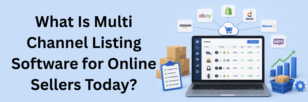 3D illustration of multi-channel listing software showing a centralized product dashboard connected to Amazon, eBay, Shopify, Daraz, Walmart, and WooCommerce for synchronized listings, inventory, pricing, and order management.