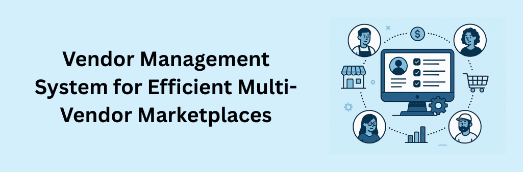 Infographic showing a central computer screen with vendor profiles, connected to icons of people, storefront, shopping cart, and charts, symbolizing a vendor management system for multi-vendor marketplaces