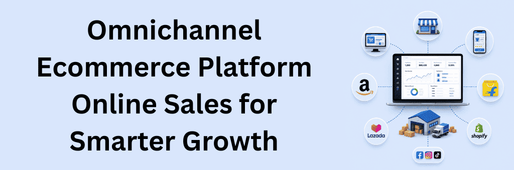 Modern omnichannel ecommerce platform dashboard connecting online stores, marketplaces, social media, warehouse, and inventory management for seamless multi-channel retail operations.